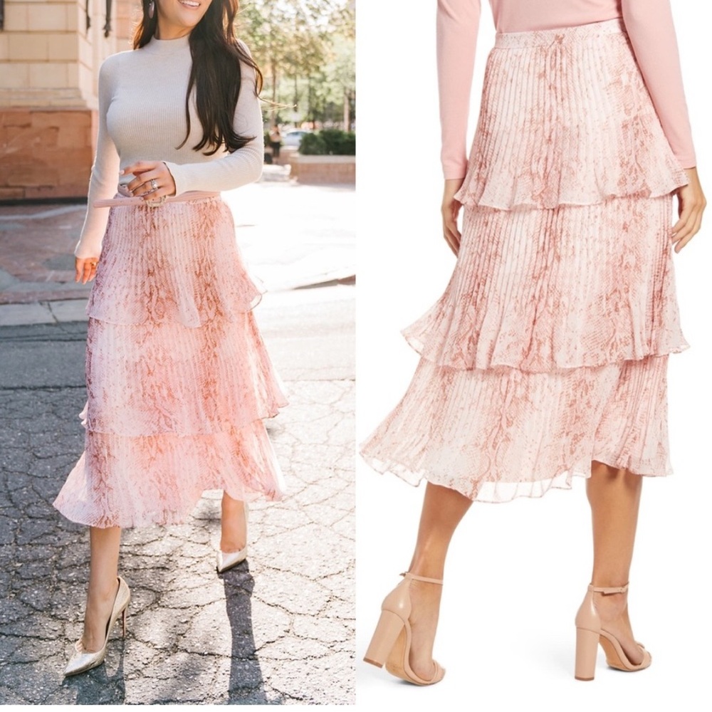 RACHEL PARCELL Tiered Snake Pink Pleated Skirt